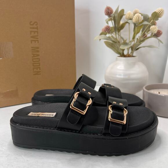 Steve Madden Shoes - Steve Madden Brooklin Double Strap Sandal Black Gold Tone Buckles Women 9.5M